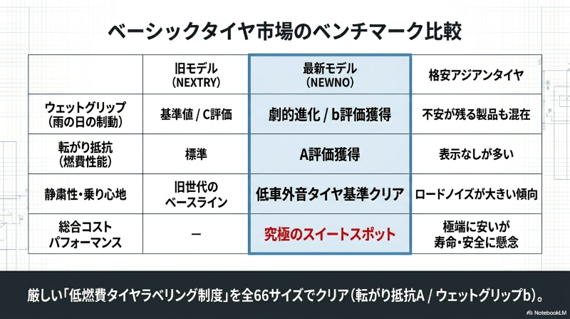 旧モデルのNEXTRY、最新モデルのNEWNO、格安アジアンタイヤのウェットグリップや燃費性能を比較したベンチマーク表