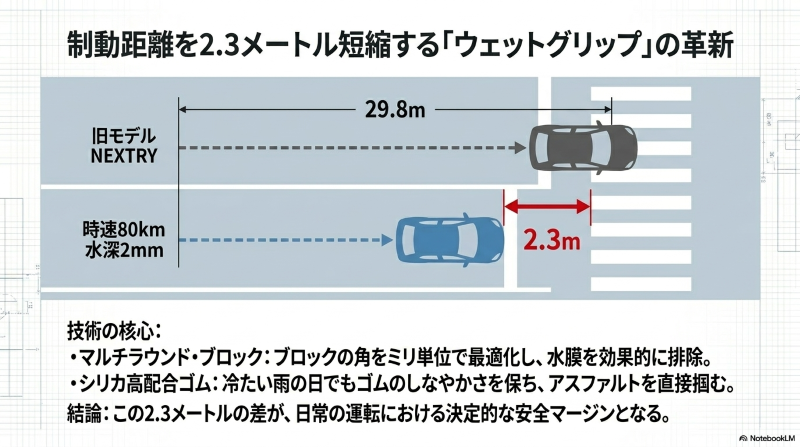 時速80kmからのウェットブレーキテストで従来品のNEXTRYより制動距離を2.3メートル短縮したことを示す図解