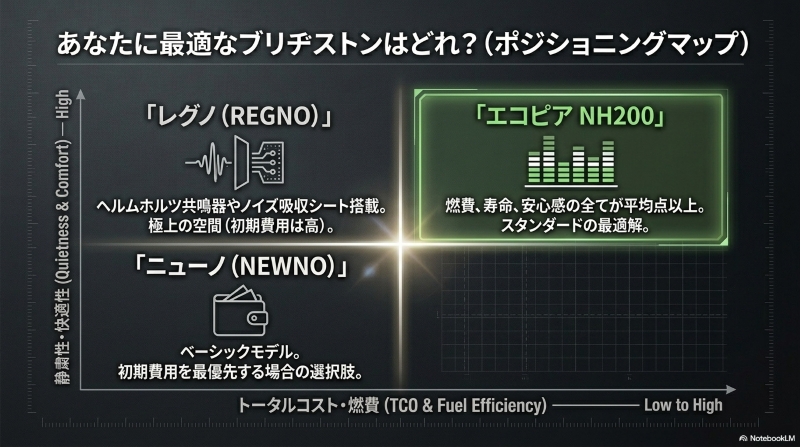 静粛性のレグノ、バランスのエコピア、初期費用を抑えるニューノの性能とコストのポジショニングマップ