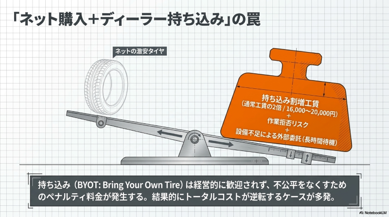 ネットの激安タイヤのメリットを、持ち込み割増工賃や作業拒否リスク、長時間待機のデメリットが上回ってしまうことを示すシーソーの図解