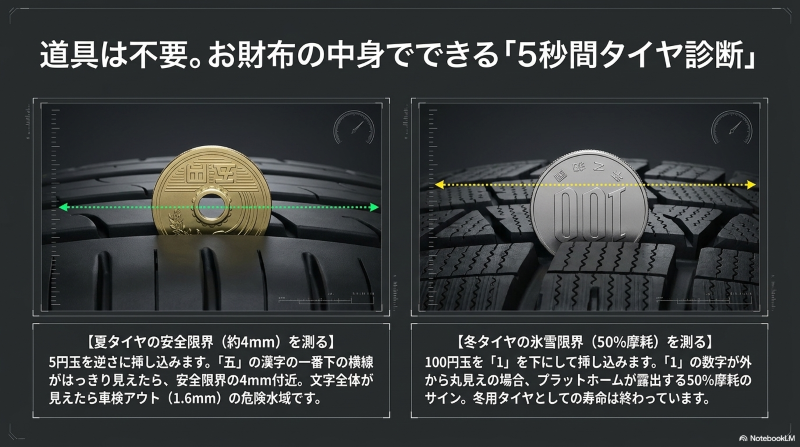 5円玉を使った夏タイヤの安全限界4mmの測り方と、100円玉を使った冬タイヤの50%摩耗の測り方