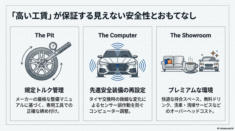 規定トルク管理、先進安全装備の再設定、プレミアムな待合環境など、高い工賃に見合うディーラー特有のサービスを示すイラスト