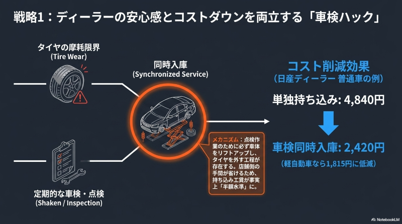 車検と同時にタイヤ交換を依頼することで、持ち込み工賃が事実上半額水準に低減するメカニズムの解説