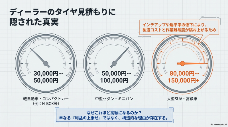 軽自動車・コンパクトカー、中型セダン・ミニバン、大型SUV・高級車の3パターンのタイヤ交換費用相場を示すメーター型グラフ