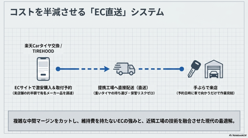 ECサイトでの激安購入から提携工場への直送、手ぶらでの来店で完結するタイヤ交換プロセスの図解