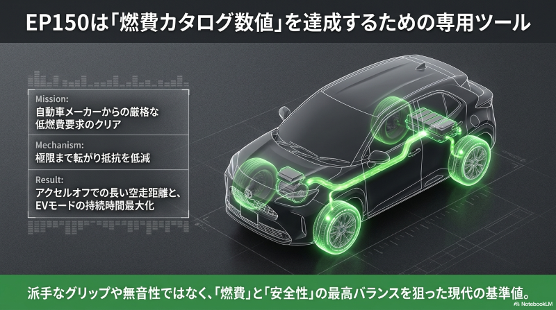 エコピアEP150が自動車メーカーの厳格な低燃費要求をクリアする役割を解説した図