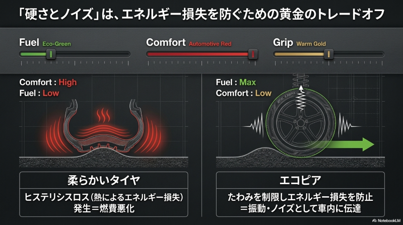 エコピアの燃費性能を高めるための硬さが、乗り心地の低下やノイズに繋がるトレードオフの図解