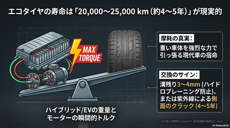 エコピアの寿命2万〜2万5千kmの目安と、EVやハイブリッド車の重量・トルクがもたらす摩耗メカニズム