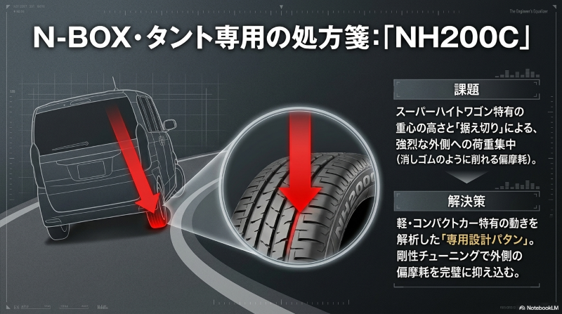 スーパーハイトワゴン特有の外側への荷重集中と、それを抑制するエコピアNH200Cの専用設計パタン