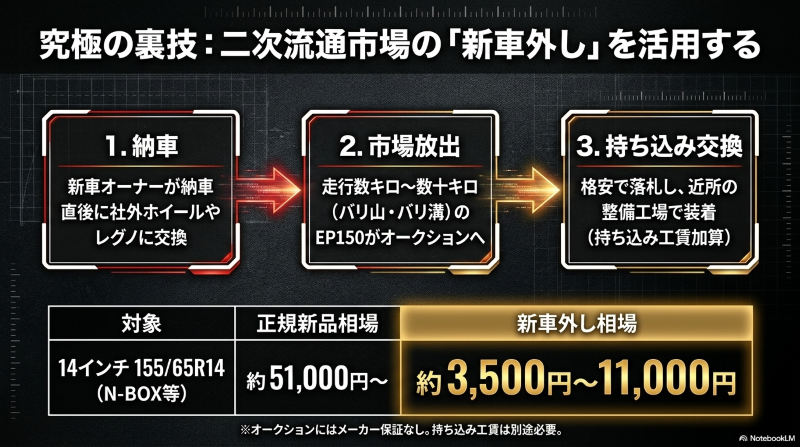 納車直後に交換されたエコピアEP150の新車外し品がオークション流通し、安価に持ち込み交換できる仕組み