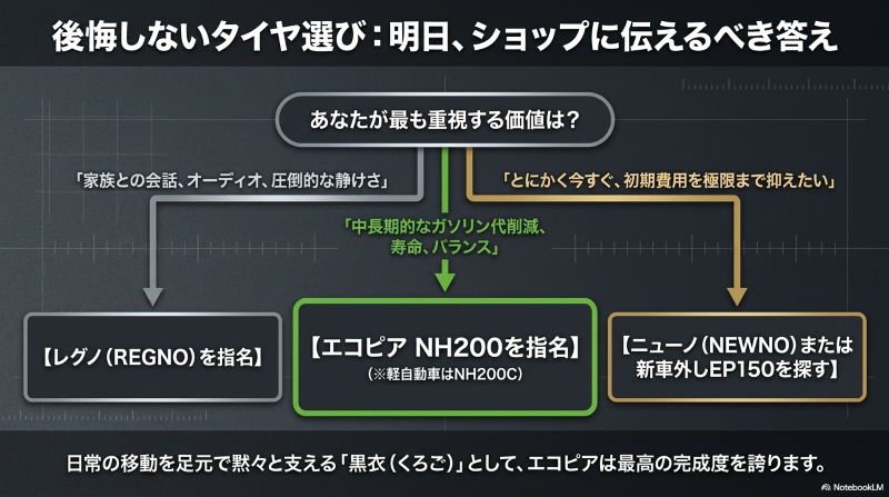 重視する価値観に合わせてレグノ、エコピアNH200、ニューノから最適なタイヤを導き出すフローチャート