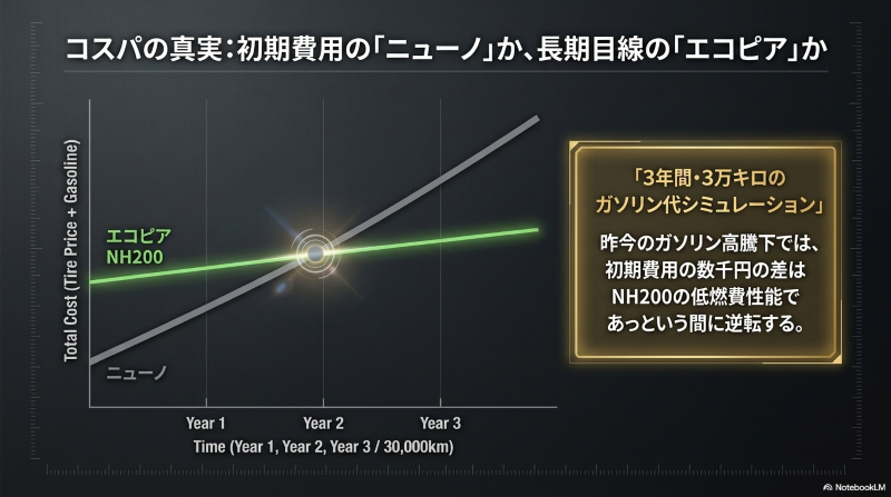 初期費用の安いニューノと、低燃費性能でガソリン代を削減できるエコピアNH200の3年間のコスト逆転シミュレーション