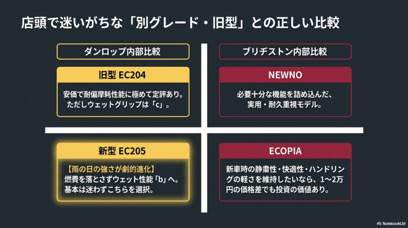 エナセーブの旧型EC204と新型EC205の進化ポイント、およびニューノと上位モデルのエコピアの違いをまとめた比較図