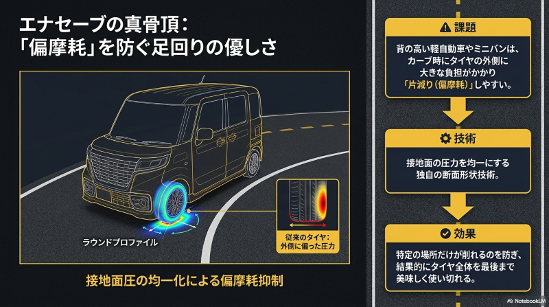 ハイト系軽自動車を例に、エナセーブのラウンドプロファイルによる均一な接地面圧と偏摩耗抑制の効果を解説した図解
