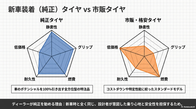 静粛性、グリップ、燃費、耐久性の全方位に優れた純正タイヤと、特定性能や低価格に絞った市販・格安タイヤのレーダーチャート比較