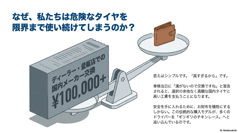 ディーラーや量販店での国内メーカータイヤ交換が高額（10万円以上）であるため、危険なタイヤを限界まで使ってしまう理由の解説