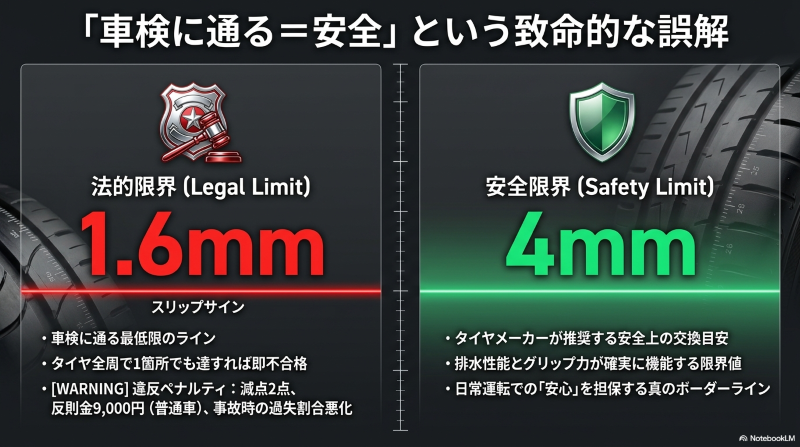 車検に通る最低限のラインである法的限界1.6mmと、安全上の交換目安である安全限界4mmの比較図