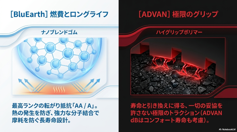 ブルーアースのナノブレンドゴムとアドバンのハイグリップポリマーのコンパウンド構造