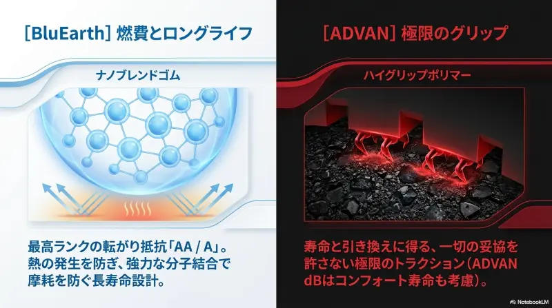 ブルーアースのナノブレンドゴムとアドバンのハイグリップポリマーのコンパウンド構造