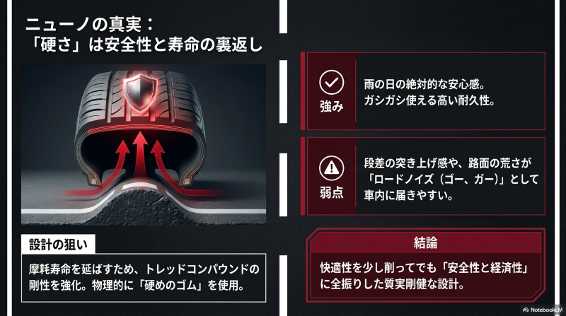 ブリヂストンのニューノの断面図と、剛性を高めたことによる耐久性と安全性を解説するイメージ図
