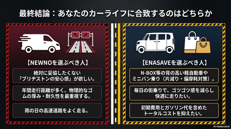 自動車と買い物袋のイラストと共に、ニューノを選ぶべき人とエナセーブを選ぶべき人の条件をわかりやすく分類した結論まとめ