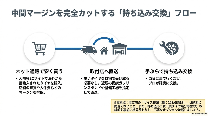 ネット通販で安く買い、取付店へ直送し、手ぶらで持ち込み交換するまでの3ステップのフロー図