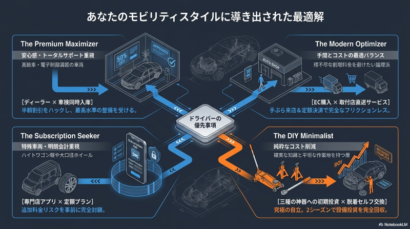 プレミアム層、論理派、明朗会計重視、DIY派など、ドライバーの優先事項とスタイルに合わせた4つのタイヤ交換最適解を示す図解
