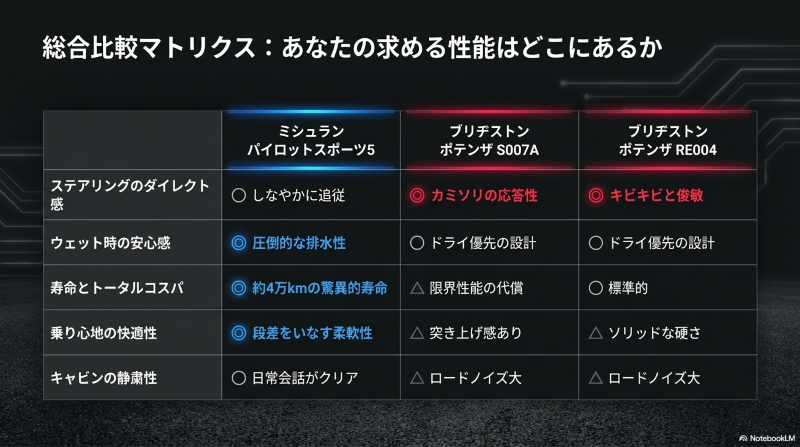 パイロットスポーツ5とポテンザS007A、RE004の性能をまとめた総合比較マトリクス