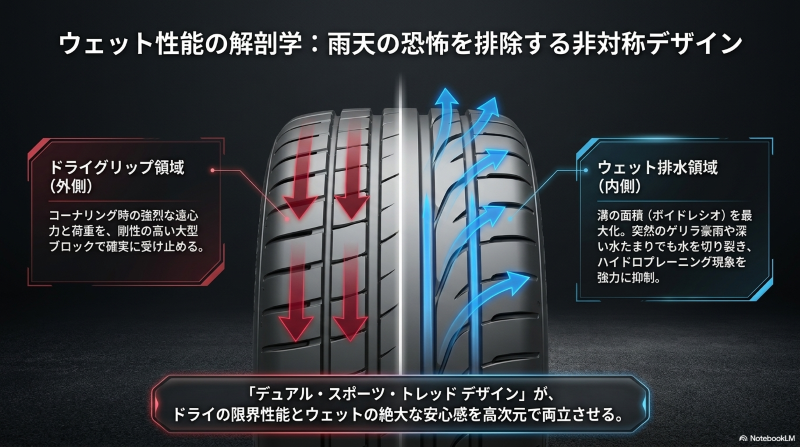 パイロットスポーツ5のウェット性能を高めるデュアル・スポーツ・トレッドデザイン