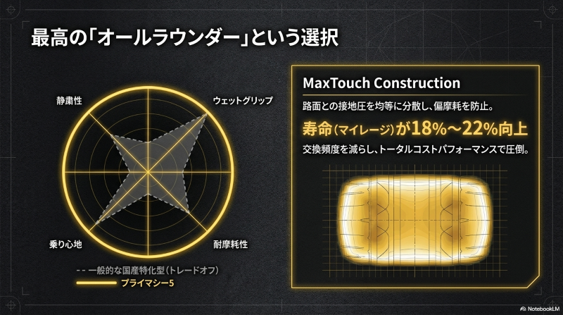 プライマシー5と一般的な国産特化型タイヤの性能比較レーダーチャート