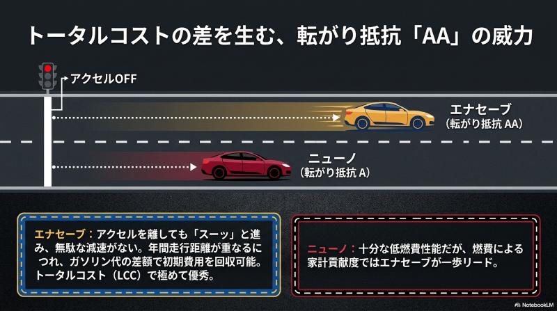 転がり抵抗AAのエナセーブと転がり抵抗Aのニューノを比較し、アクセルオフ時の空走距離の長さと実燃費への貢献を解説した図