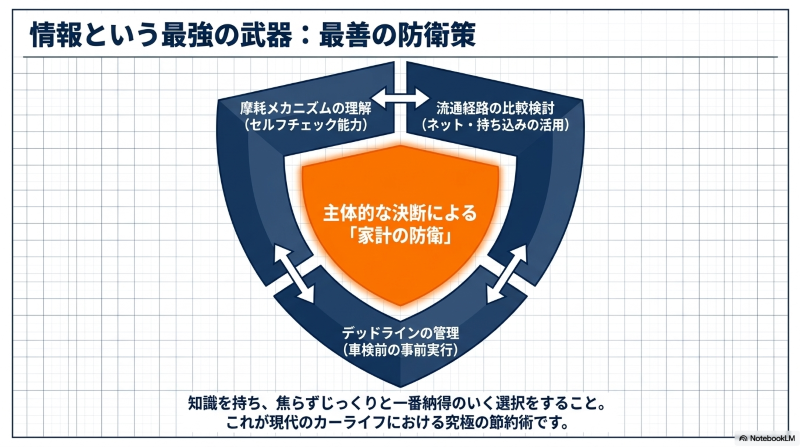 摩耗メカニズムの理解、流通経路の比較検討、デッドラインの管理によって家計を防衛するプロセスを示した図