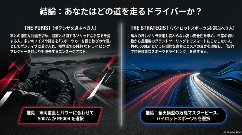 ドライビングスタイルに応じたポテンザとパイロットスポーツ5の推奨ユーザー層まとめ