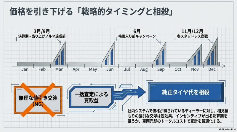 3月・9月の決算期、6月、11月・12月の特売時期を示すカレンダーグラフと、無理な値引き交渉ではなく一括査定の買取益で相殺する戦略図