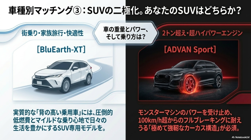 街乗り快適SUV向けのブルーアースXTと、ハイパワーSUV向けのアドバンスポーツの比較
