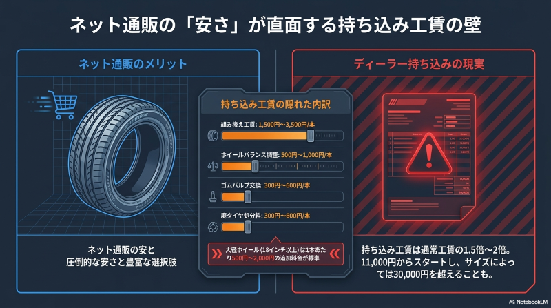 組み換え工賃や廃タイヤ処分料など、ネット通販の安さが直面する持ち込み工賃の隠れた内訳を示す図解