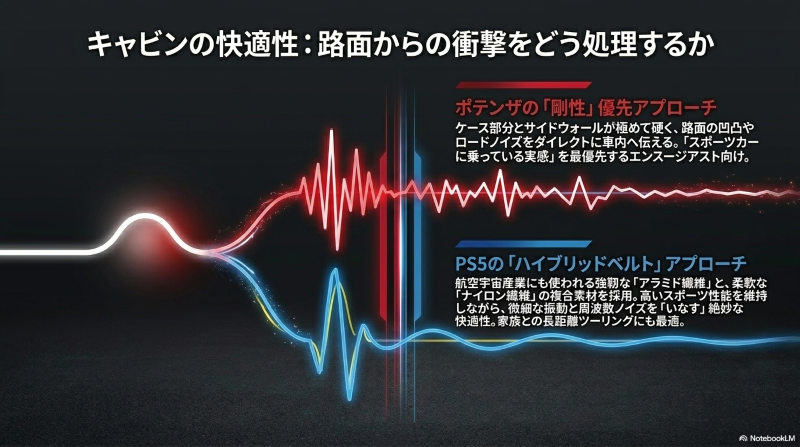 ポテンザの剛性優先アプローチとパイロットスポーツ5のハイブリッドベルトによる快適性の違い