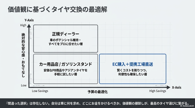 絶対的な安心感を求めるならディーラー、予算を最適化するならEC購入＋提携工場、手軽さを求めるならカー用品店という価値観の分布図