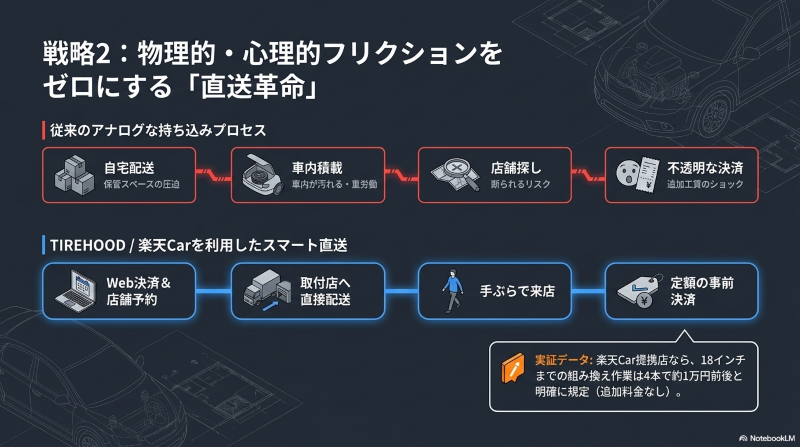 ネット通販で購入したタイヤを取付店へ直接配送し、定額の事前決済で持ち込みのフリクションをゼロにする直送サービスの仕組み