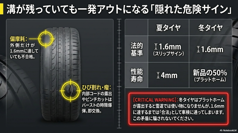 溝が残っていても車検不合格になる偏摩耗、ひび割れ、内部コード露出などの隠れた危険サインと夏タイヤ・冬タイヤの基準比較