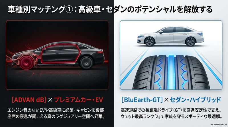 アドバンdBとプレミアムカー・EV、ブルーアースGTとセダンのマッチング