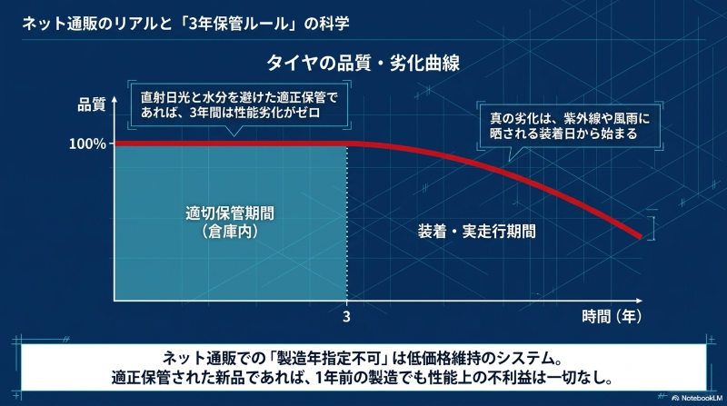 直射日光と水分を避けた適正保管であれば3年間は性能劣化がゼロであり、真の劣化は装着日から始まることを示すタイヤの劣化曲線グラフ