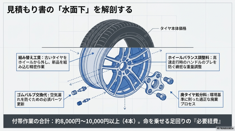 タイヤ本体価格以外にかかる組み替え工賃、ホイールバランス調整料、ゴムバルブ交換代、廃タイヤ処分料の図解