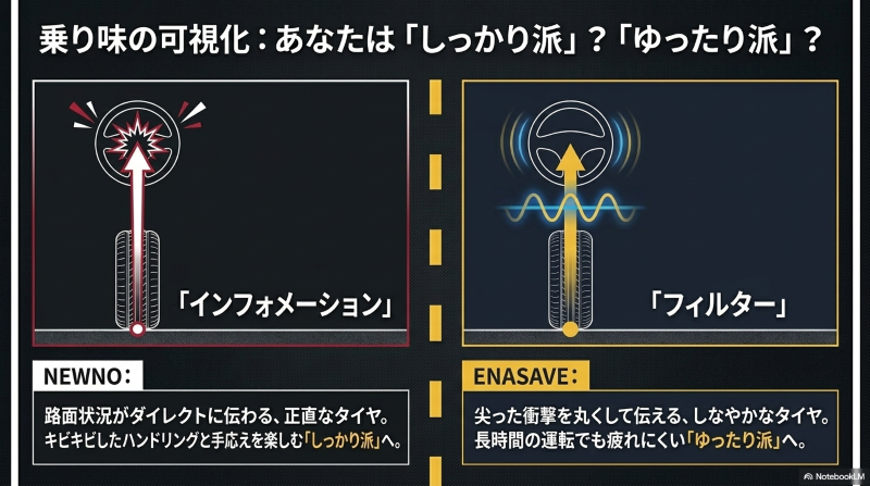 路面状況をダイレクトに伝えるニューノの「インフォメーション」と、衝撃を丸くして伝えるエナセーブの「フィルター」の違いを表現した図解