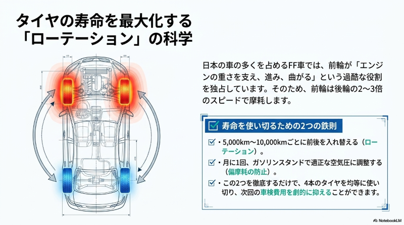 FF車の前輪と後輪にかかる負担の違いと、5,000kmから10,000kmごとに行うタイヤローテーションの図解