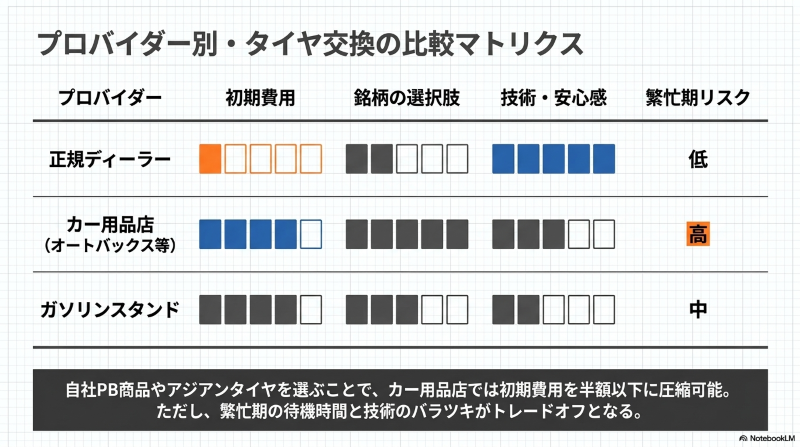 正規ディーラー、カー用品店、ガソリンスタンドごとの初期費用、銘柄の選択肢、技術・安心感、繁忙期リスクを比較した表