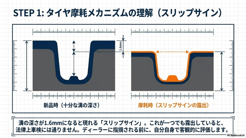 新品時と摩耗時のタイヤ溝の深さとスリップサインの露出を比較した図