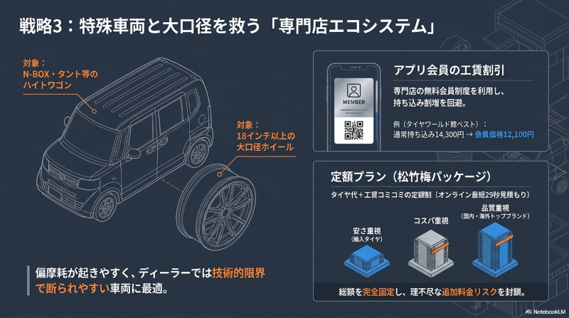 ハイトワゴンや大口径ホイールを対象とした、タイヤ専門店の無料アプリ会員割引やコミコミ定額プランのメリット