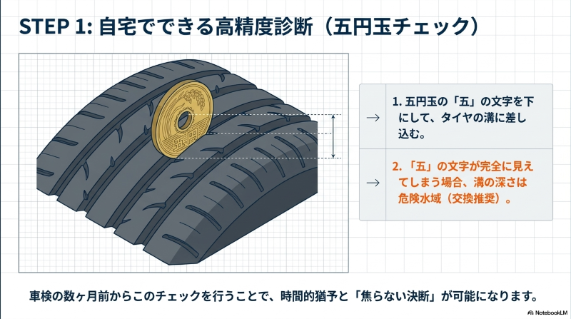 5円玉の「五」の文字を下にしてタイヤの溝に差し込み、残り溝の深さを確認するセルフチェック図