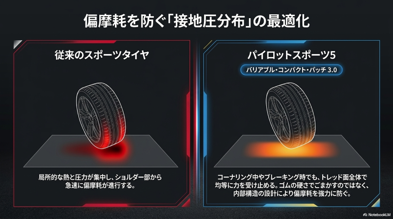 パイロットスポーツ5の偏摩耗を防ぐバリアブル・コンパクト・パッチ3.0と接地圧分布